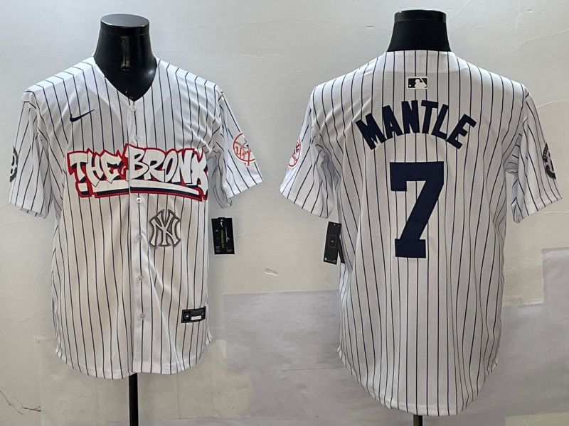 Men New York Yankees #7 Mantle White Stripe four generations Joint Name 2025 Nike MLB Jersey style 8